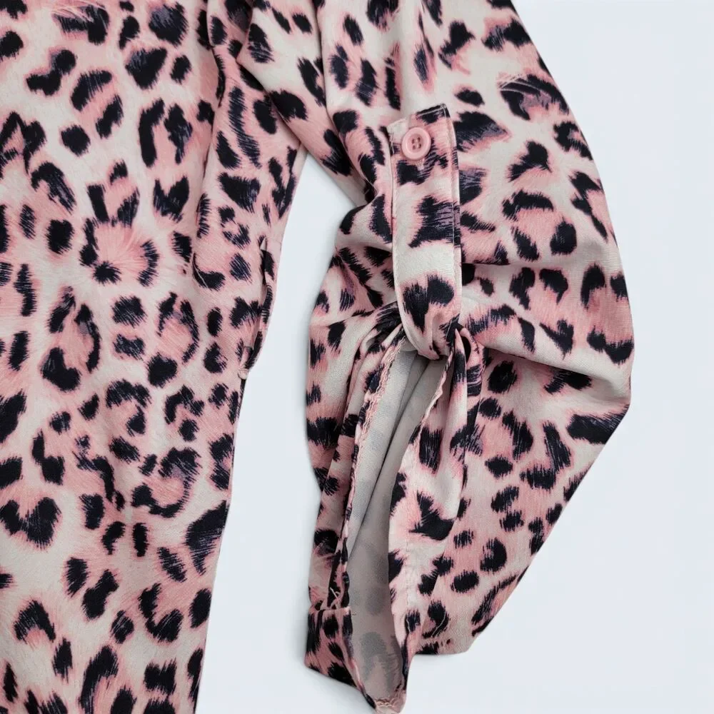 SHEIN Pink/Black Leopard Print Button Down Long Shirt XL Belted Long Sleeve - Picture 7 of 8